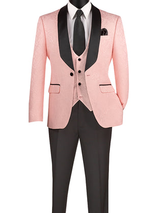 Luxurious Men Slim-Fit 3-Piece Jacquard Fabric Tuxedo PINK