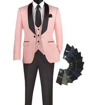 Luxurious Men Slim-Fit 3-Piece Jacquard Fabric Tuxedo PINK