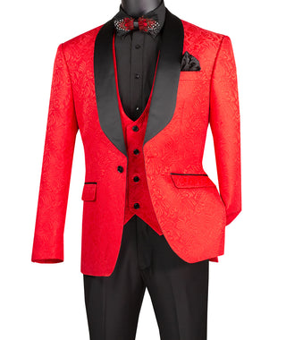 Luxurious Men Slim-Fit 3-Piece Jacquard Fabric Tuxedo Red