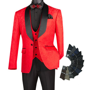 Luxurious Men Slim-Fit 3-Piece Jacquard Fabric Tuxedo Red