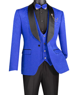 Luxurious Men Slim-Fit 3-Piece Jacquard Fabric Tuxedo Royal