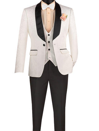 Luxurious Men Slim-Fit 3-Piece Jacquard Fabric Tuxedo White