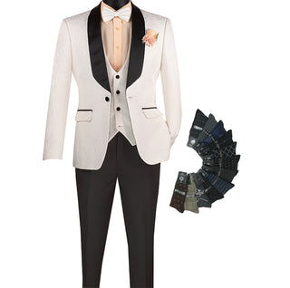 Luxurious Men Slim-Fit 3-Piece Jacquard Fabric Tuxedo White