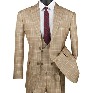 Luxurious Men's 3-Pieces Glen Plaid Suit - Camel