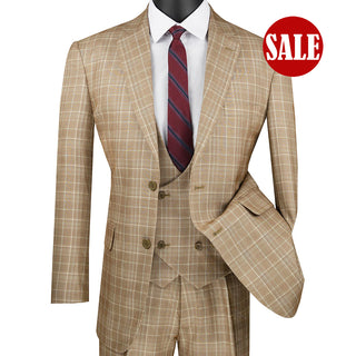 Luxurious Men's 3-Pieces Glen Plaid Suit - Camel