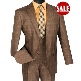 Luxurious Men's 3-Pieces Glen Plaid Suit - Chestnut
