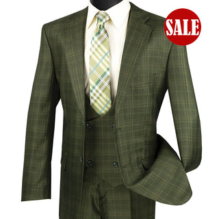 Luxurious Men's 3-Pieces Glen Plaid Suit - Olive