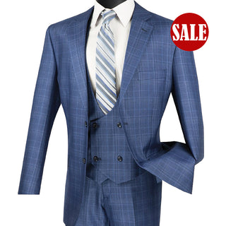 Luxurious Men's 3-Pieces Glen Plaid Suit - Oxford Blue