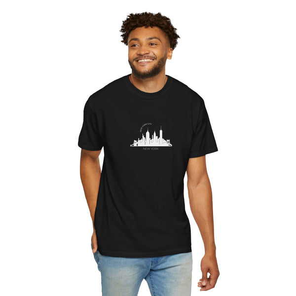 NYC New York Skyline Black T-Shirt Manhattan Buildings Unisex T-Shirt Garment-Dyed T-shirt Rainbow Text Comfort Colors T-Shirt