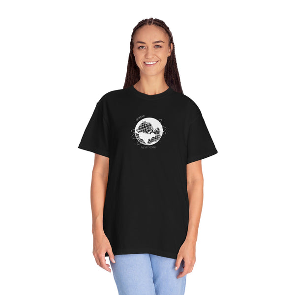 Queens New York Unisphere Black T-Shirt World's Fair T-Shirt Unisex Garment-Dyed T-shirt Rainbow Arc Text T-Shirt Comfort Colors T-Shirt