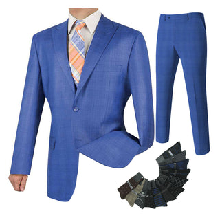 Luxurious Men's Regular-Fit Glen Plaid Suit Blue