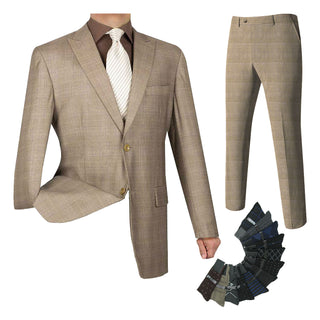 Luxurious Men's Regular-Fit Glen Plaid Suit Tan