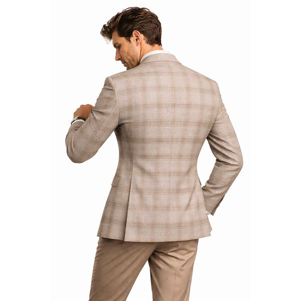 Men Regular-Fit Windowpane Blazer Jacket | Stretch Comfort | Washable FREE Socks - TAN