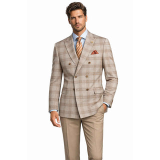 Men Regular-Fit Windowpane Blazer Jacket | Stretch Comfort | Washable FREE Socks - TAN