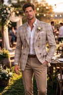 Men Regular-Fit Windowpane Blazer Jacket | Stretch Comfort | Washable FREE Socks - TAN