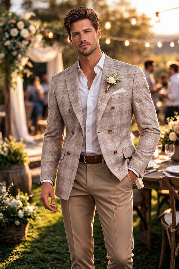 Men Regular-Fit Windowpane Blazer Jacket | Stretch Comfort | Washable FREE Socks - TAN