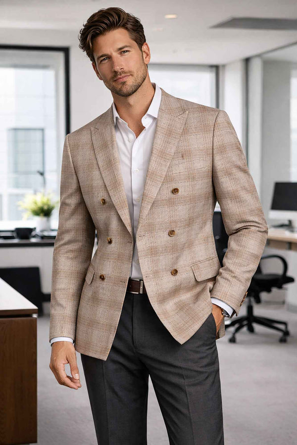 Men Regular-Fit Windowpane Blazer Jacket | Stretch Comfort | Washable FREE Socks - TAN