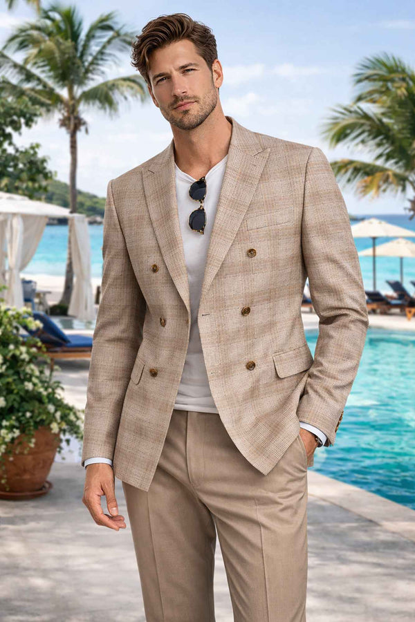 Men Regular-Fit Windowpane Blazer Jacket | Stretch Comfort | Washable FREE Socks - TAN