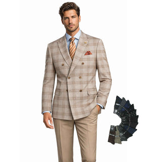 Men Regular-Fit Windowpane Blazer Jacket | Stretch Comfort | Washable FREE Socks - TAN
