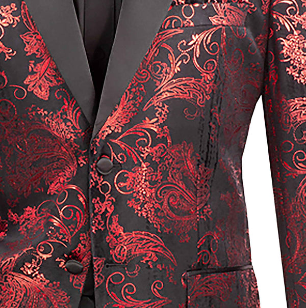 Men’s Paisley Embossed Blazer Modern Fit Tuxedo Jacket + Bow Tie & Free Socks-RED