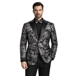 Men’s Paisley Embossed Blazer Modern Fit Tuxedo Jacket + Bow Tie & Free Socks-SILVER