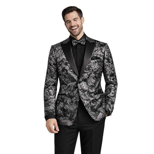 Men’s Paisley Embossed Blazer Modern Fit Tuxedo Jacket + Bow Tie & Free Socks-SILVER