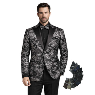 Men’s Paisley Embossed Blazer Modern Fit Tuxedo Jacket + Bow Tie & Free Socks-SILVER