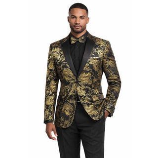 Men’s Paisley Embossed Blazer Modern Fit Tuxedo Jacket + Bow Tie & Free Socks Black Gold