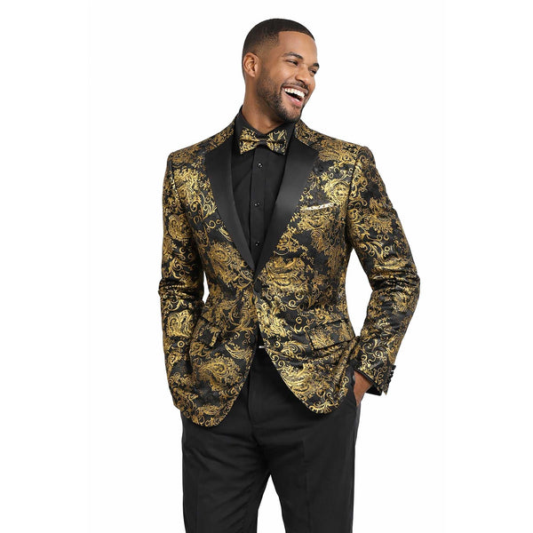 Men’s Paisley Embossed Blazer Modern Fit Tuxedo Jacket + Bow Tie & Free Socks Black Gold