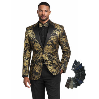 Men’s Paisley Embossed Blazer Modern Fit Tuxedo Jacket + Bow Tie & Free Socks Black Gold