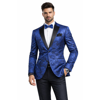 Man wearing a blue patterned tuxedo with a white shirt and black bow tie on a white background