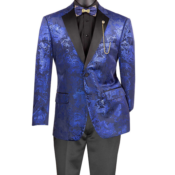 Men’s Paisley Embossed Blazer Modern Fit Tuxedo Jacket + Bow Tie & Free Socks Blue