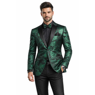 Men’s Paisley Embossed Blazer Modern Fit Tuxedo Jacket + Bow Tie & Free Socks-EMERALD