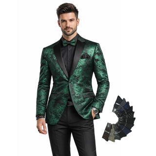 Men’s Paisley Embossed Blazer Modern Fit Tuxedo Jacket + Bow Tie & Free Socks-EMERALD