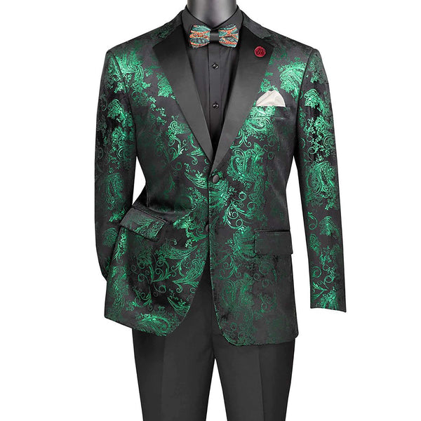 Men’s Paisley Embossed Blazer Modern Fit Tuxedo Jacket + Bow Tie & Free Socks-EMERALD