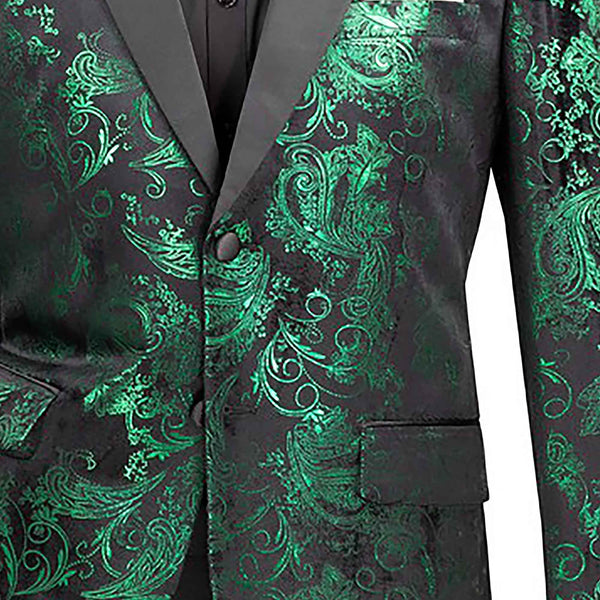 Men’s Paisley Embossed Blazer Modern Fit Tuxedo Jacket + Bow Tie & Free Socks-EMERALD