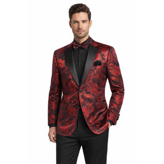 Men’s Paisley Embossed Blazer Modern Fit Tuxedo Jacket + Bow Tie & Free Socks-RED