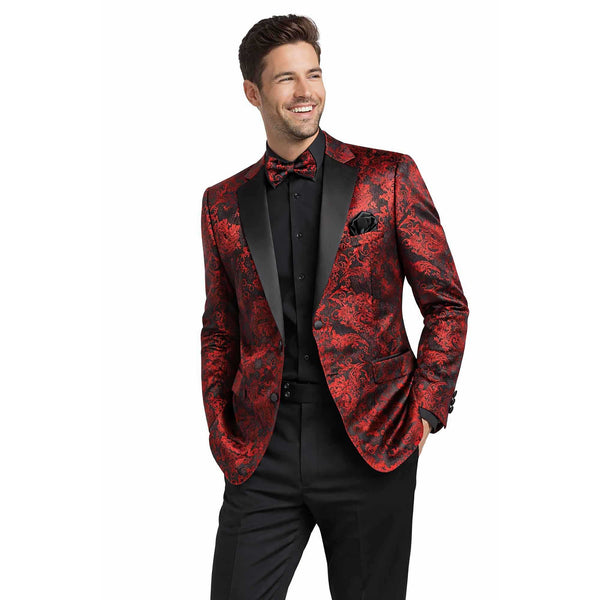 Men’s Paisley Embossed Blazer Modern Fit Tuxedo Jacket + Bow Tie & Free Socks-RED