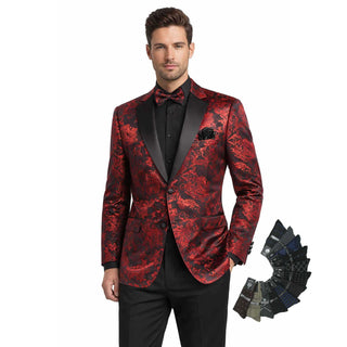 Men’s Paisley Embossed Blazer Modern Fit Tuxedo Jacket + Bow Tie & Free Socks-RED