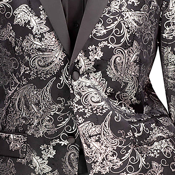 Men’s Paisley Embossed Blazer Modern Fit Tuxedo Jacket + Bow Tie & Free Socks-SILVER