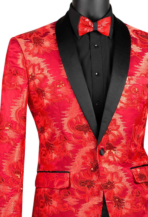 Men's Luxury Embroidery Slim Blazer Tuxedo Wedding Prom Jacket Bow Tie & Socks RED