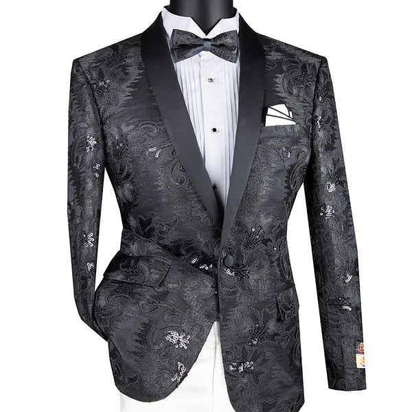 Men's Luxury Embroidery Slim Blazer Tuxedo Wedding Prom Jacket Bow Tie & Socks BLACK