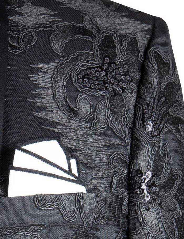 Men's Luxury Embroidery Slim Blazer Tuxedo Wedding Prom Jacket Bow Tie & Socks BLACK