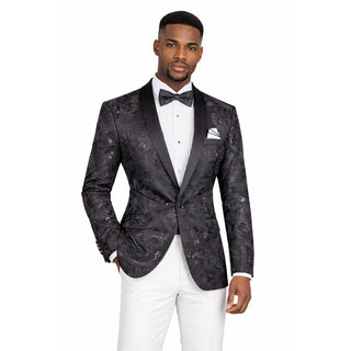 Men's Luxury Embroidery Slim Blazer Tuxedo Wedding Prom Jacket Bow Tie & Socks BLACK