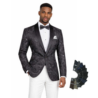 Men's Luxury Embroidery Slim Blazer Tuxedo Wedding Prom Jacket Bow Tie & Socks BLACK
