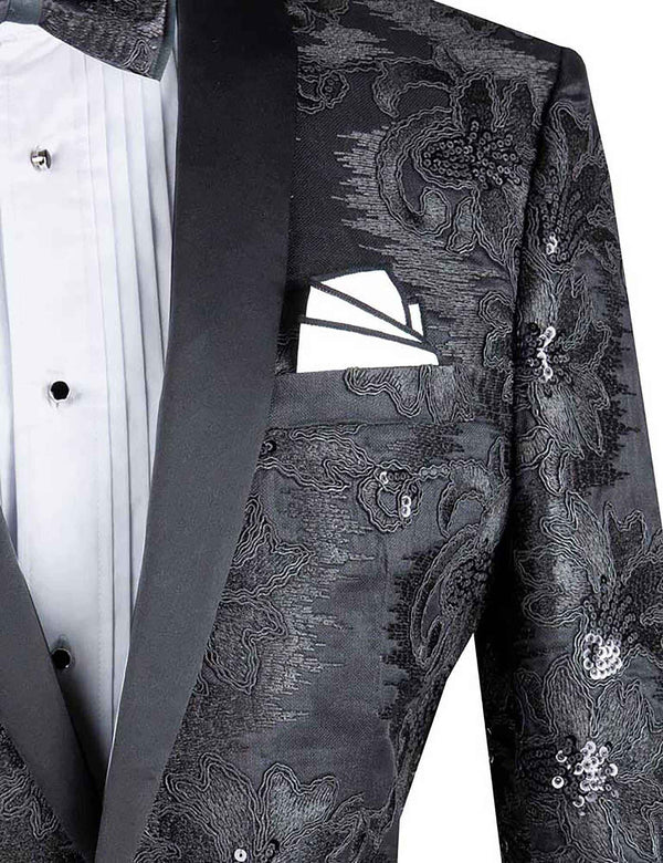 Men's Luxury Embroidery Slim Blazer Tuxedo Wedding Prom Jacket Bow Tie & Socks BLACK