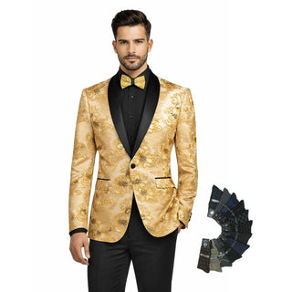 Men's Luxury Embroidery Slim Blazer Tuxedo Wedding Prom Jacket Bow Tie & Socks