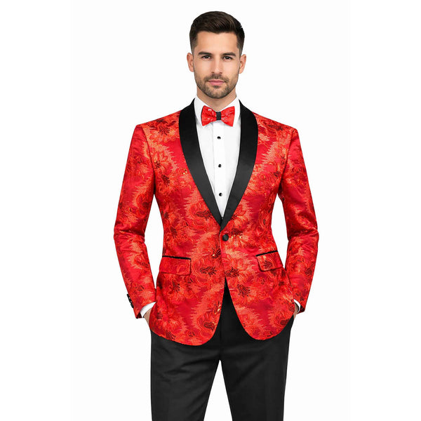 Men's Luxury Embroidery Slim Blazer Tuxedo Wedding Prom Jacket Bow Tie & Socks RED