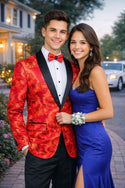Men's Luxury Embroidery Slim Blazer Tuxedo Wedding Prom Jacket Bow Tie & Socks RED