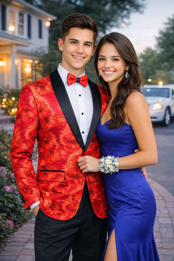 Men's Luxury Embroidery Slim Blazer Tuxedo Wedding Prom Jacket Bow Tie & Socks RED